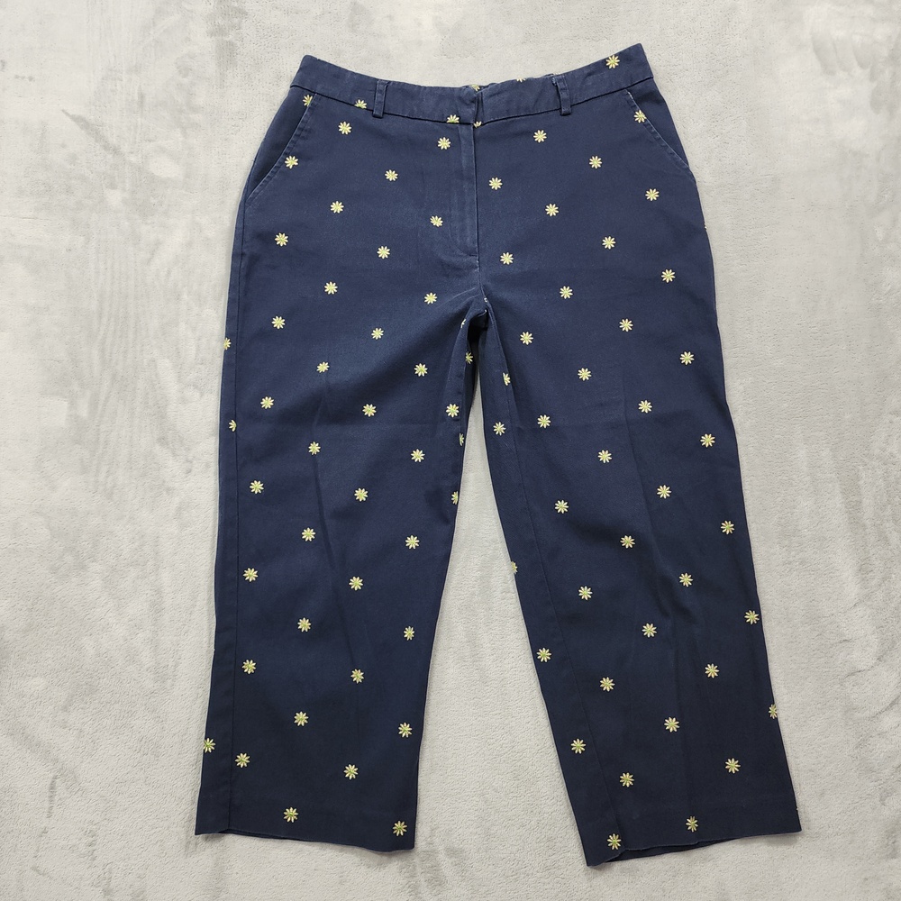 JM Collection Pants Womens 10 Blue Floral Embroidered Capri Crop Twill Stretch